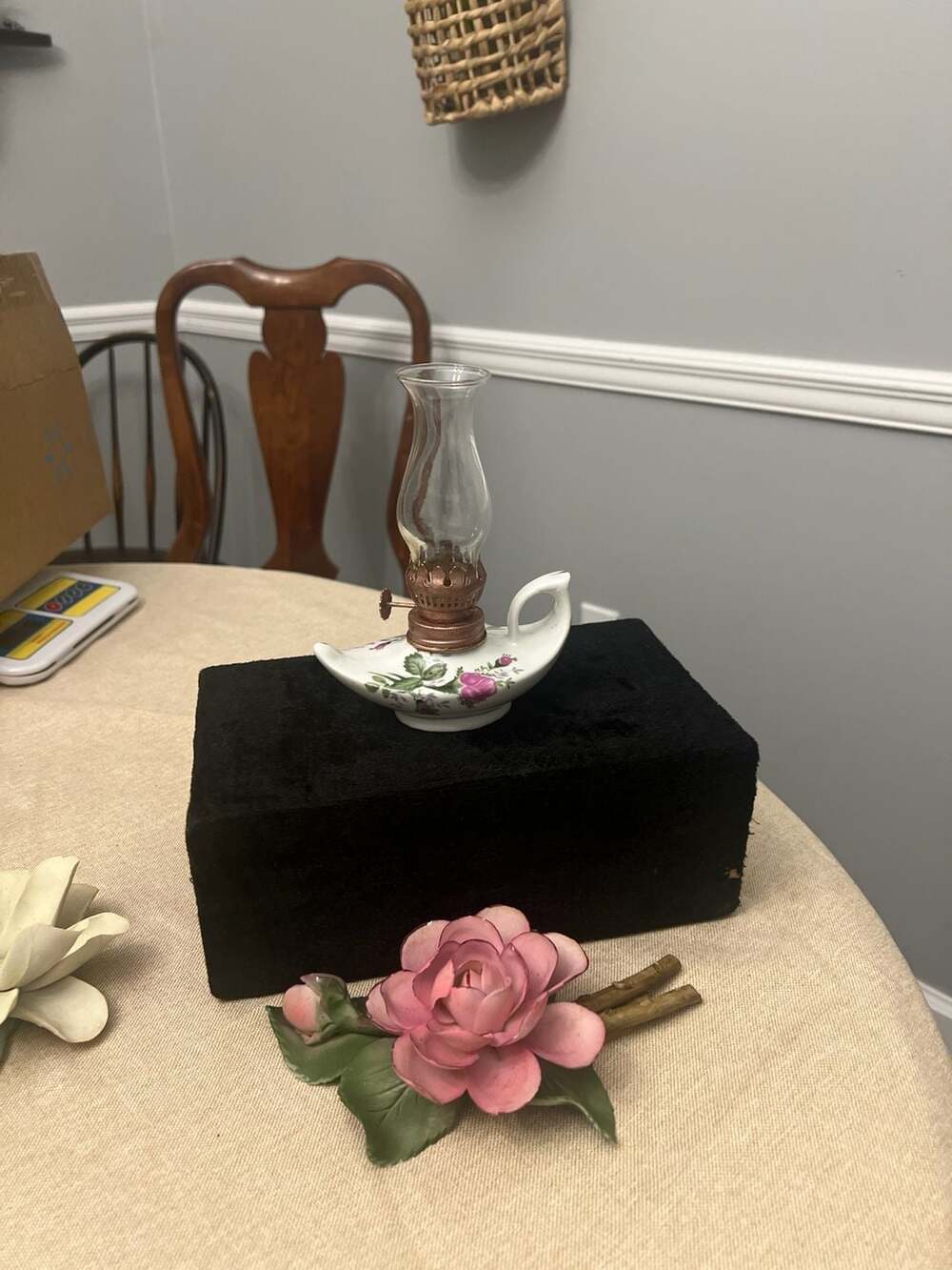 Vintage Miniature Porcelain Oil Lamp with Pink Roses and Glass Chimney